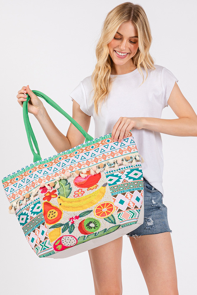Women's Fruits and Bead Print Aztec Pom Pom Tote Bag — tote bag photo 3