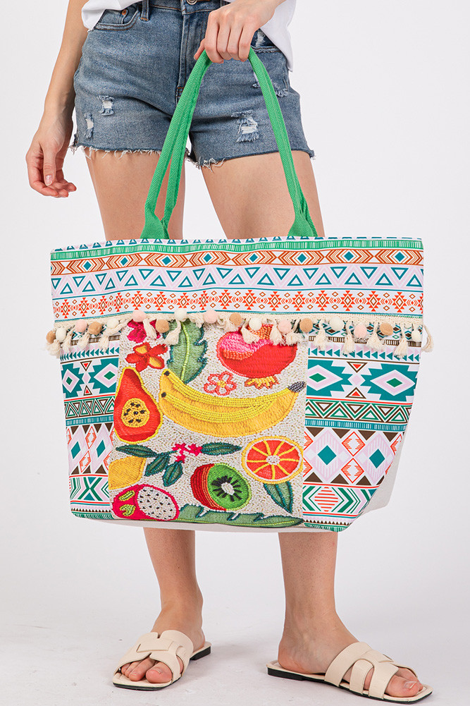 Women's Fruits and Bead Print Aztec Pom Pom Tote Bag — tote bag photo 6