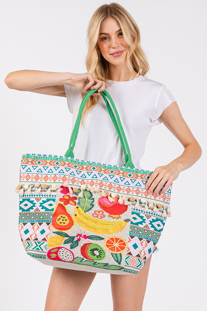 Women's Fruits and Bead Print Aztec Pom Pom Tote Bag — tote bag photo 8