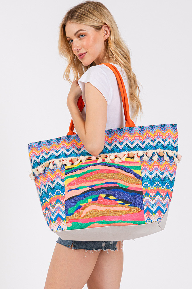 Women's Abstract Boho and Bead Print Pom Pom Tote Bag by BURACQ