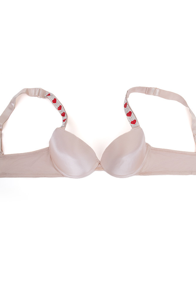 Women's Heart Rhine Stone Pattern Trim Push up Bra in Beige