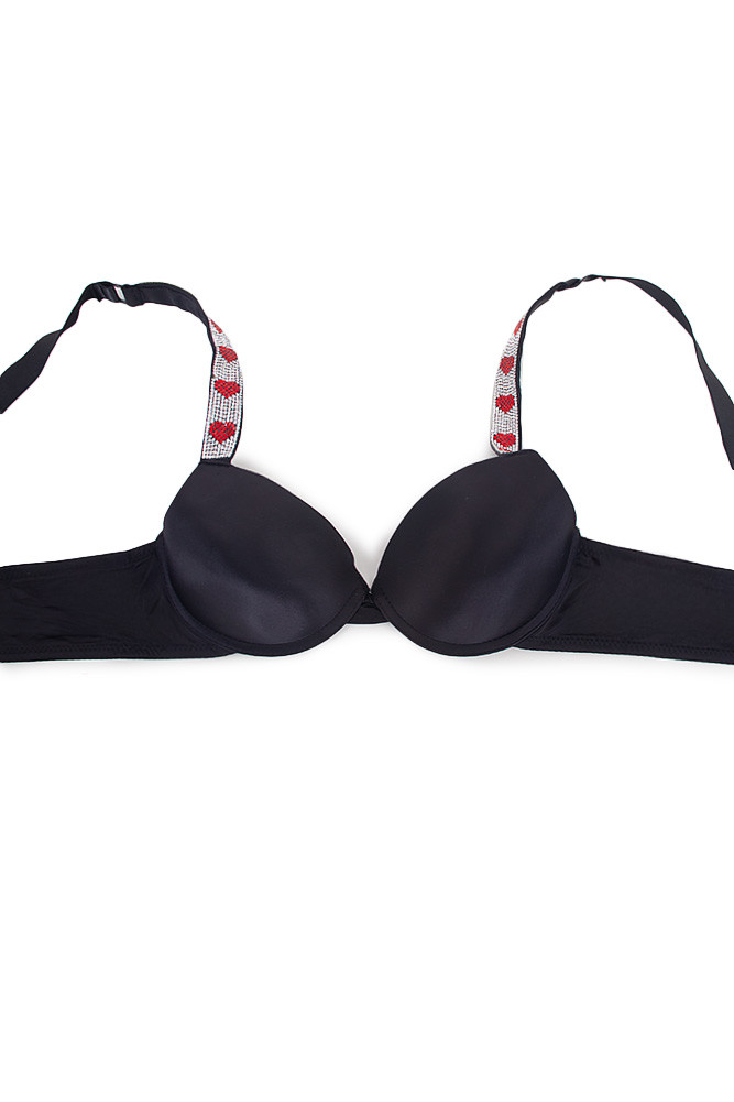 Women's Heart Rhine Stone Pattern Trim Push up Bra in Black