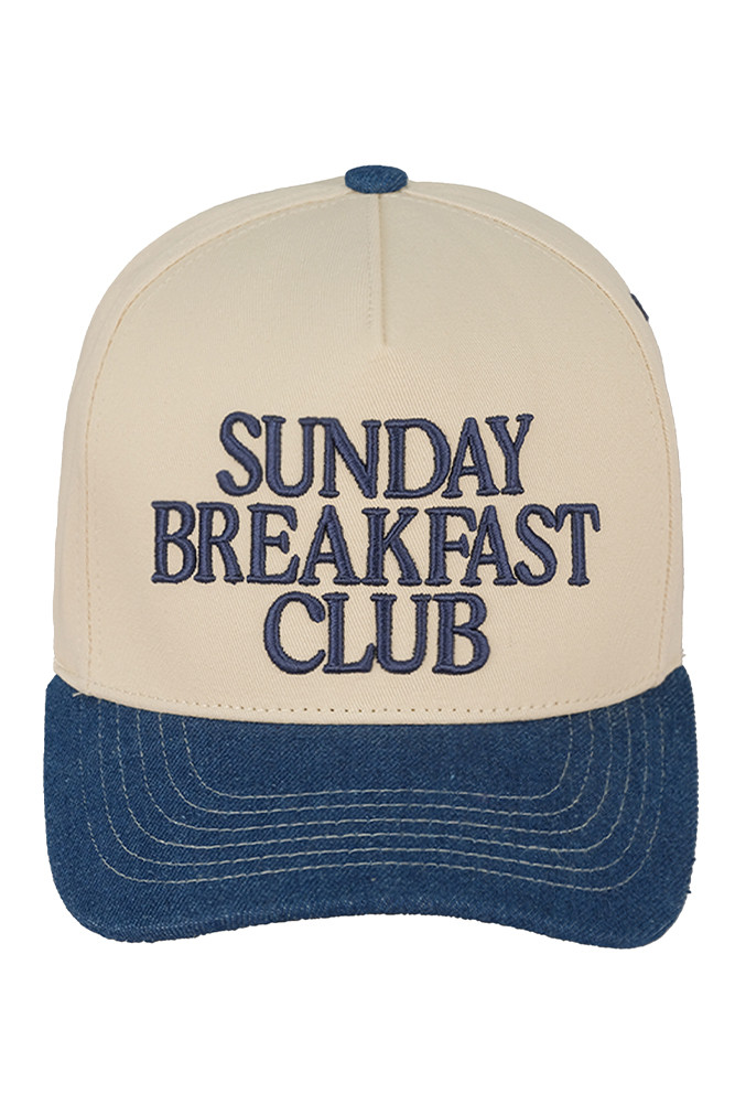 Women's Sunday Breakfast Club Embroidered Trucker Cap in Dark Denim