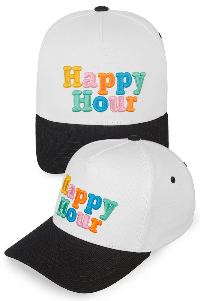 Women's Happy Hour Embroidered Trucker Cap in Black by BURACQ