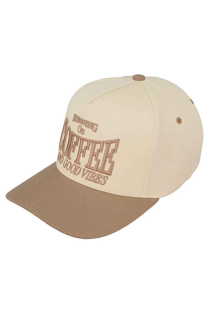 Women's Running on Coffee and Good Vibes Trucker Cap in Beige