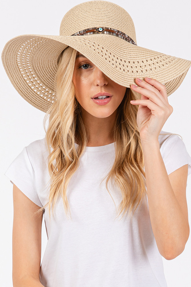 Women's Evil Eye and Multi Design Band Wide Brim Straw Hat in Beige