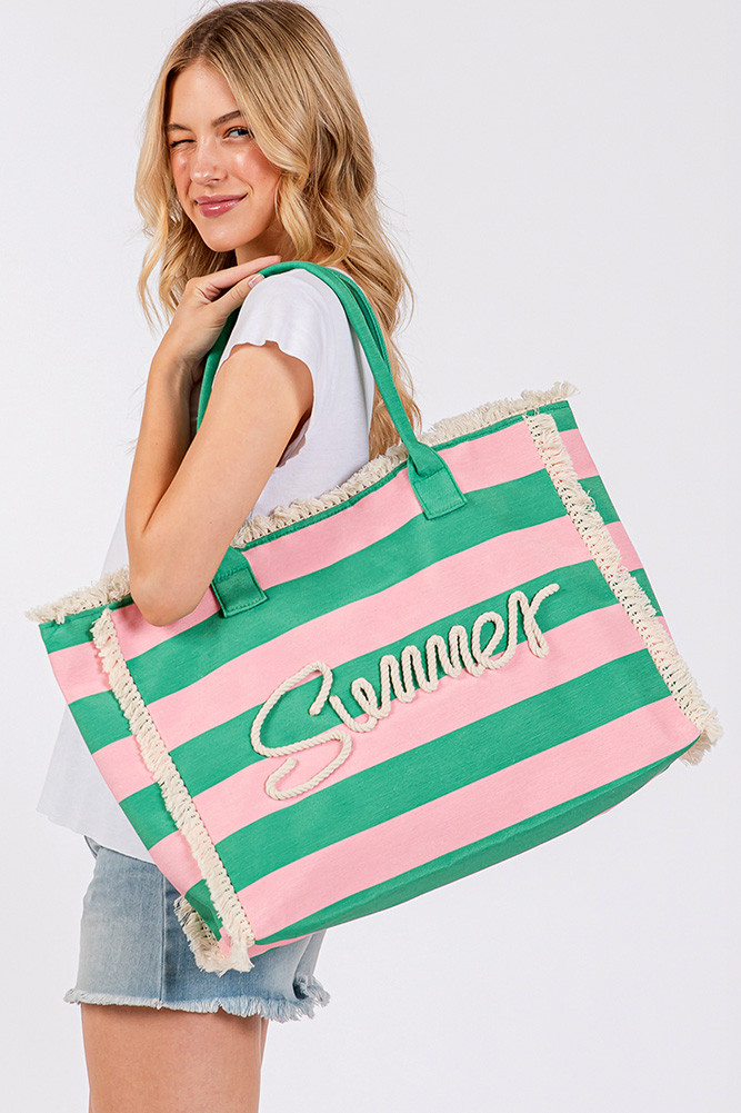 Women's Summer Sewn Rope Striped Pattern Summer Tote Bag in Pink Green