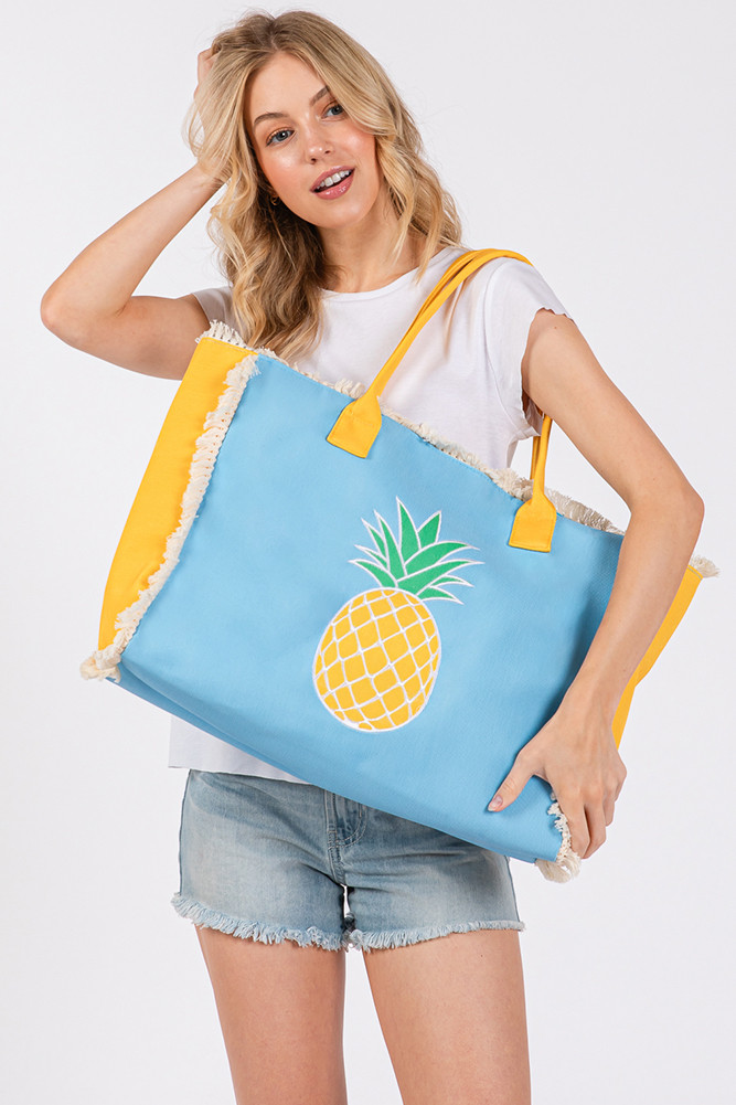 Women's Pineapple Embroidered Design Patch Summer Tote Bag — tote bag photo 3