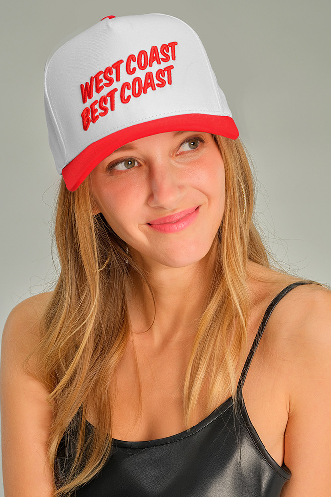 Women's West Coast Best Coast Cotton Trucker Cap in Red