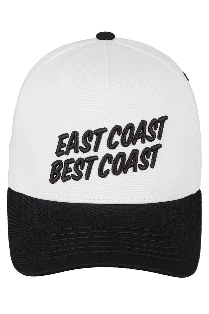 Women's East Coast Best Coast Cotton Trucker Cap in Black