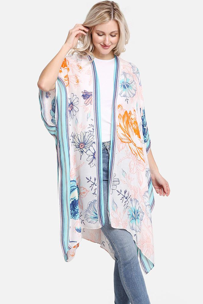 Women's Floral with Striped Edges Summer Cover-Up in Blue by BURACQ