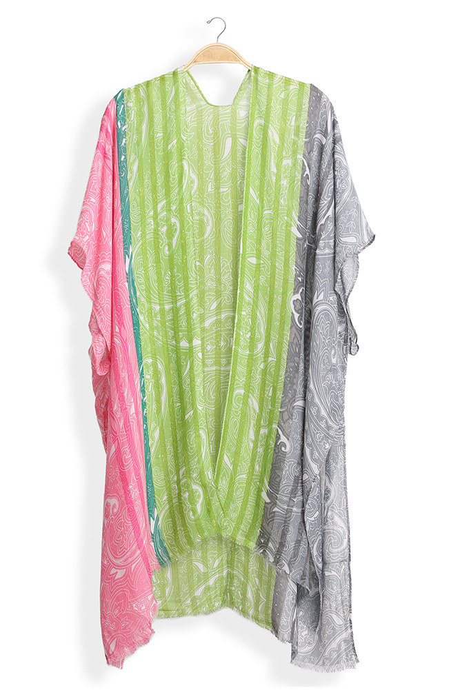 Women's Paisley Pattern Stripe Summer Kimono Cover-Up in Pink Gray