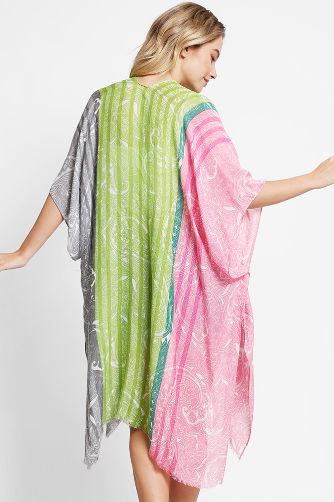 Women's Paisley Pattern Stripe Summer Kimono Cover-Up in Pink Gray