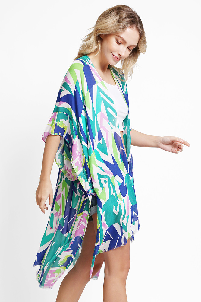 Women's Geometric Abstract Summer Kimono Cover-Up in Green