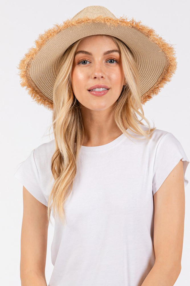 Women's Frayed Band and Edge Trim Summer Straw Sun Hat in Beige