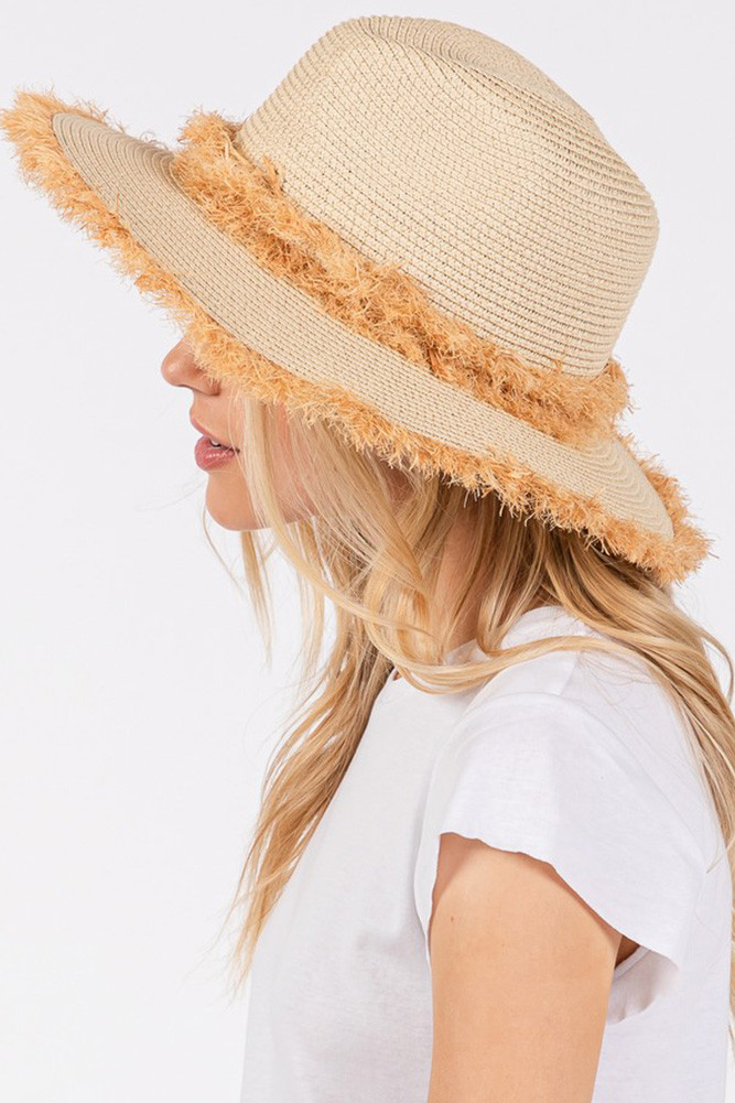 Women's Frayed Band and Edge Trim Summer Straw Sun Hat in Beige
