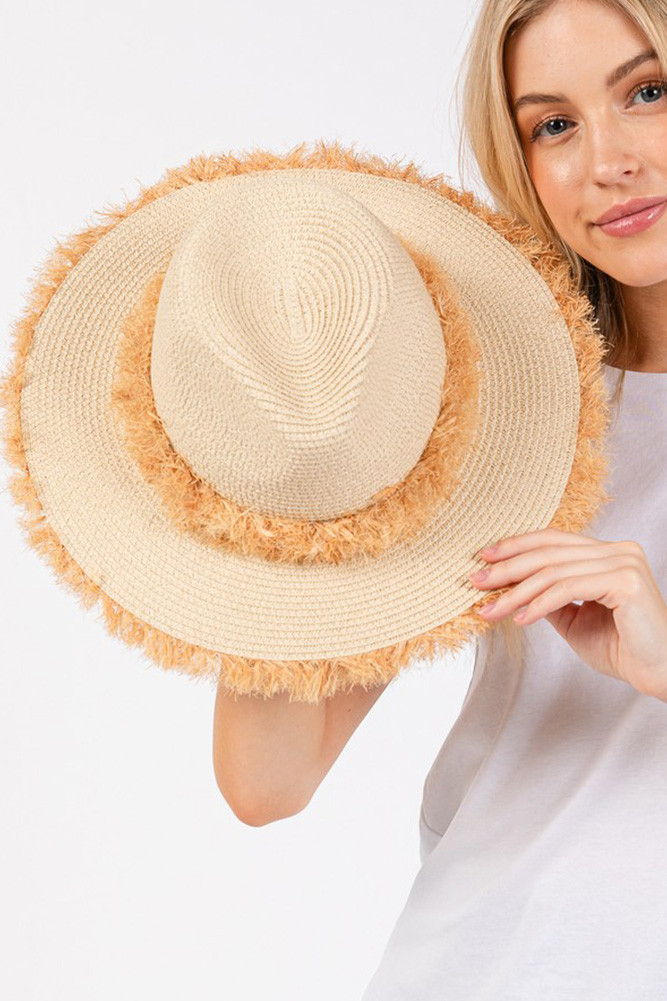 Women's Frayed Band and Edge Trim Summer Straw Sun Hat in Beige