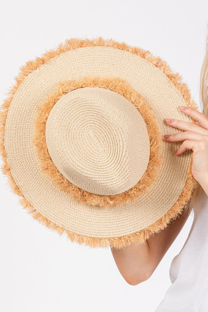 Women's Frayed Band and Edge Trim Summer Straw Sun Hat in Beige