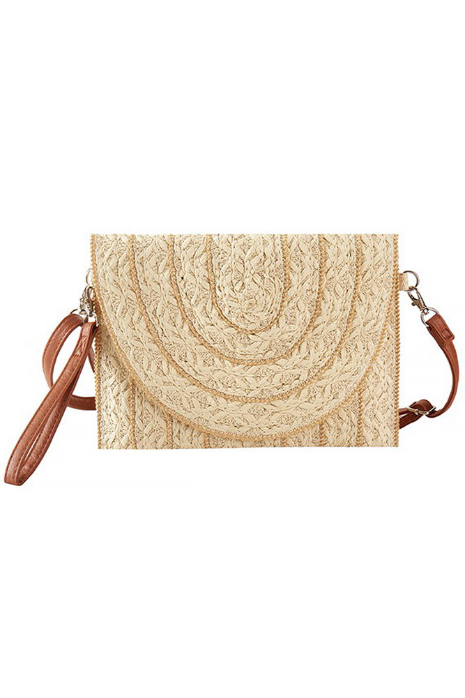 Women's Stitch Trim Design Straw Clutch Crossbody Bag in Beige