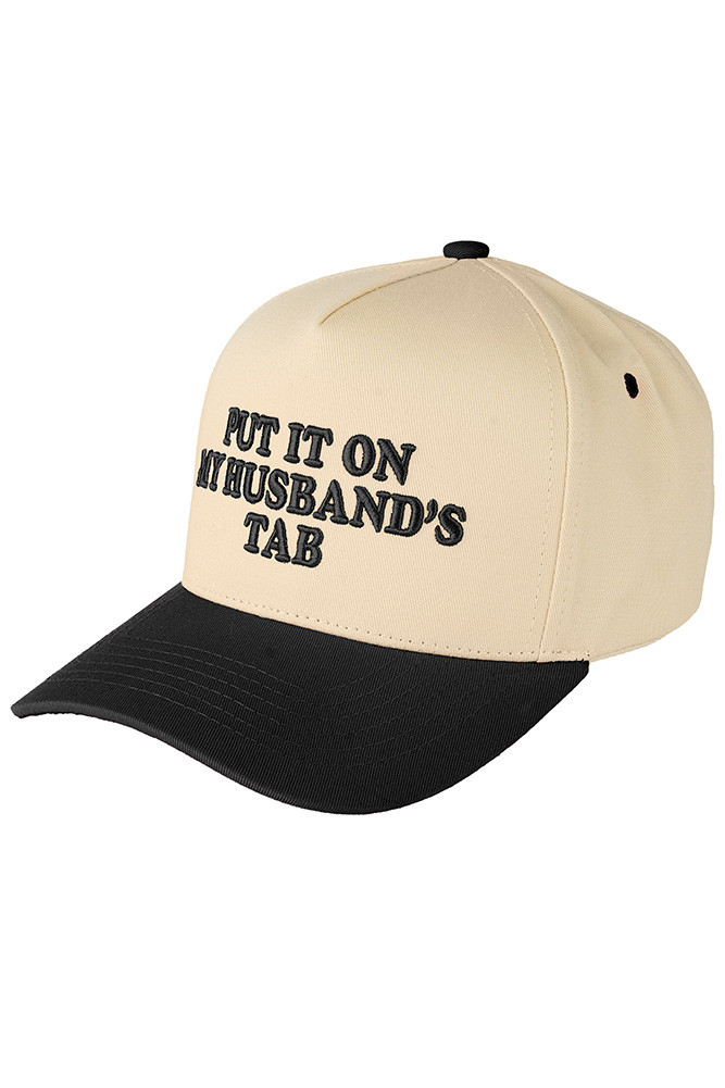 Women's Put It on My Husband's Tab Letter Trucker Hat in Black