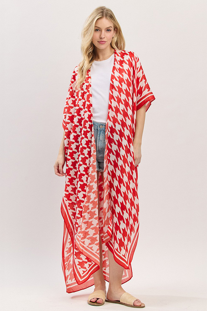 Women's Houndstooth Pattern Open Front Long Kimono in Red White