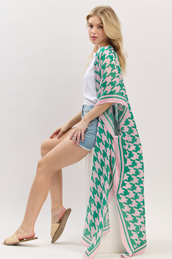Women's Houndstooth Pattern Open Front Long Kimono in Pink Green