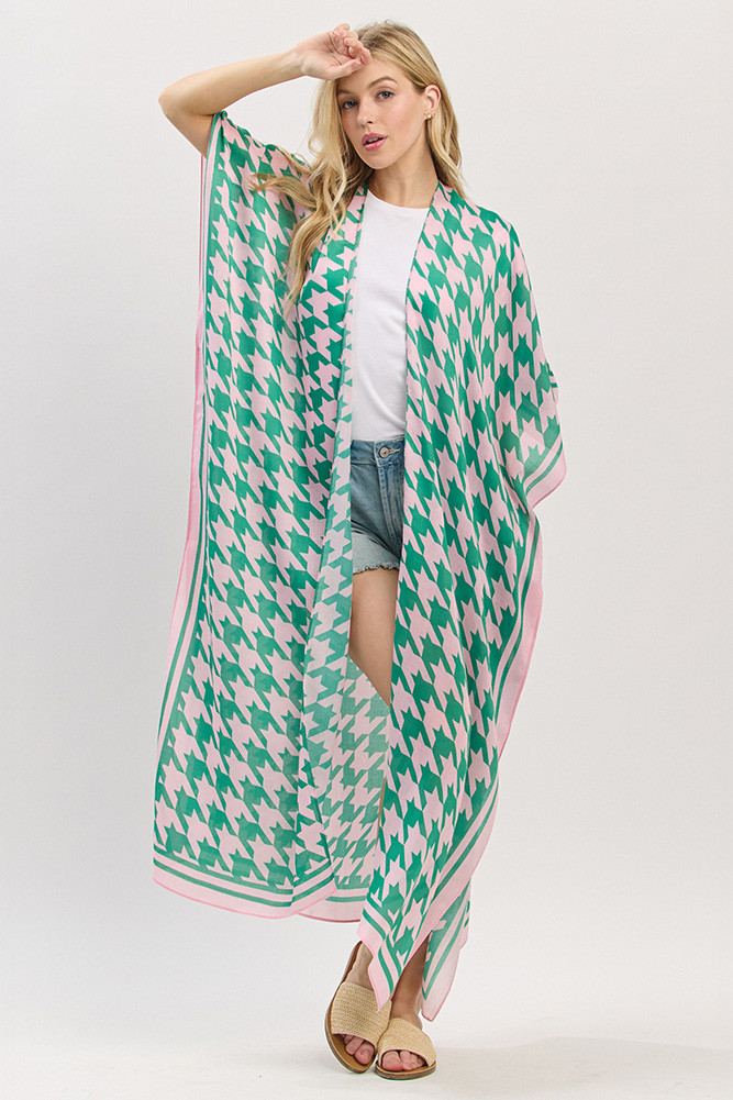 Women's Houndstooth Pattern Open Front Long Kimono in Pink Green