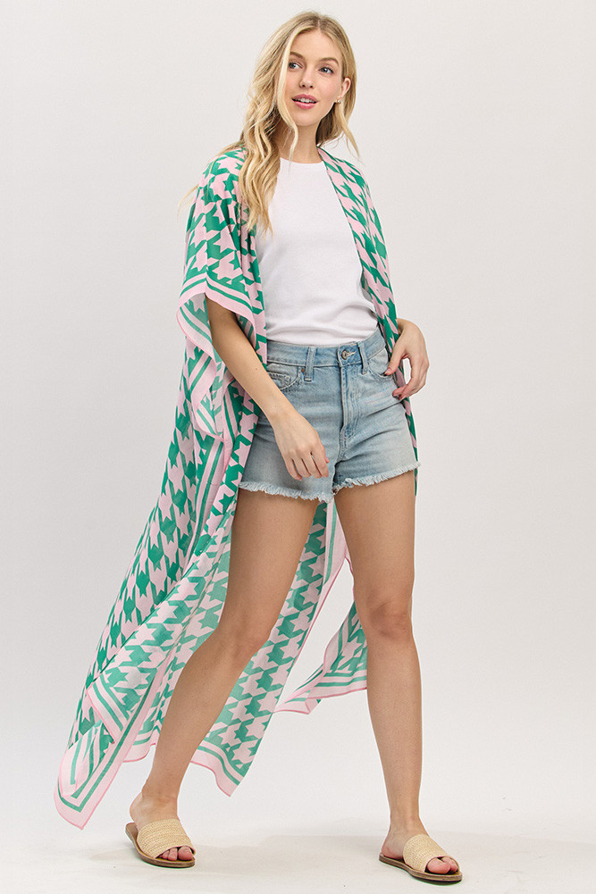 Women's Houndstooth Pattern Open Front Long Kimono in Pink Green