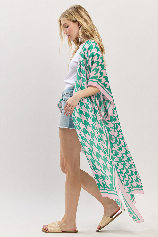 Women's Houndstooth Pattern Open Front Long Kimono in Pink Green