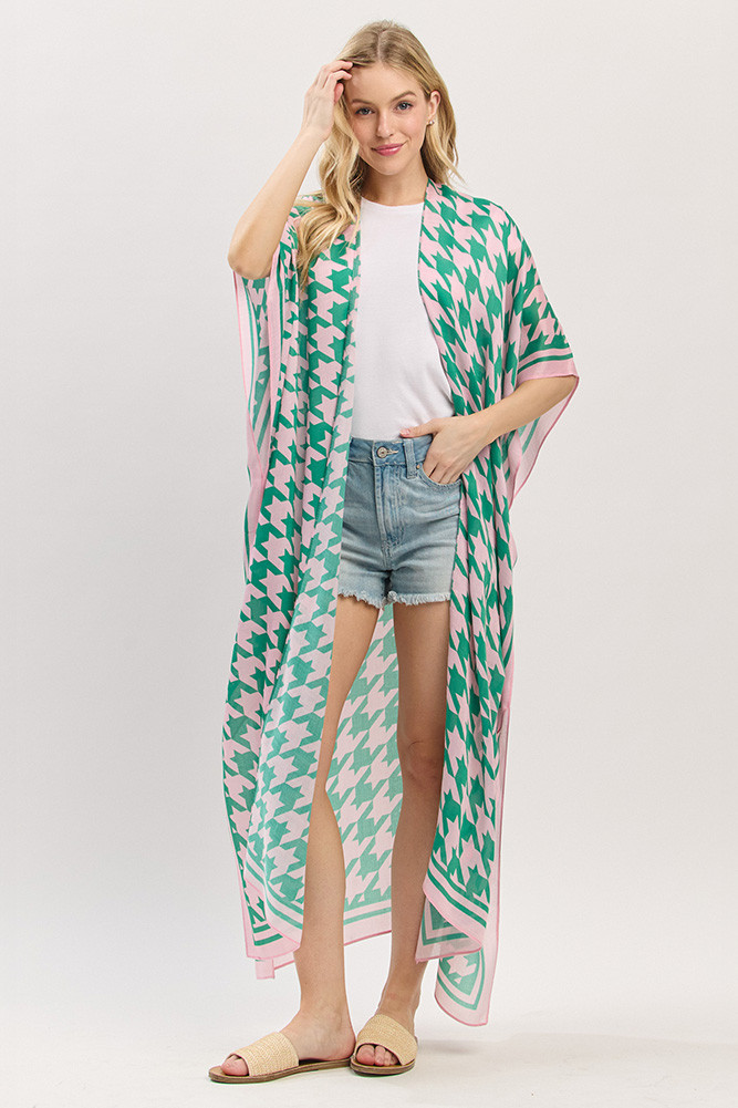Women's Houndstooth Pattern Open Front Long Kimono in Pink Green