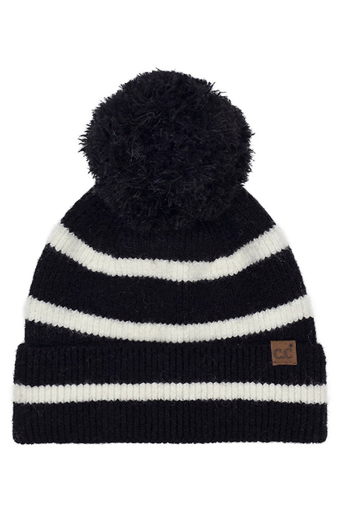 Women's Two-Tone Stripe Yarn Pom Beanie Winter Hat in Black