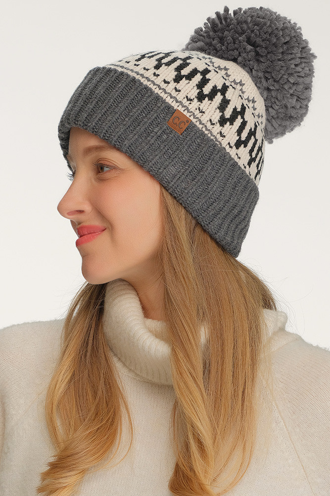 Women's Fair Isle Pattern Yarn Pom Beanie Winter Hat by BURACQ