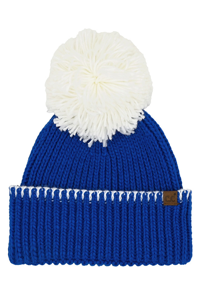 Women's Yarn Pom Game Day Team Stitch Point Beanie Hat in Blue White