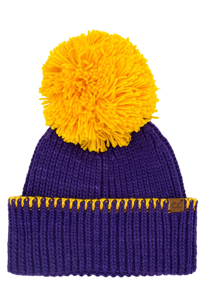 Women's Yarn Pom Game Day Team Stitch Point Beanie Hat in Purple Gold