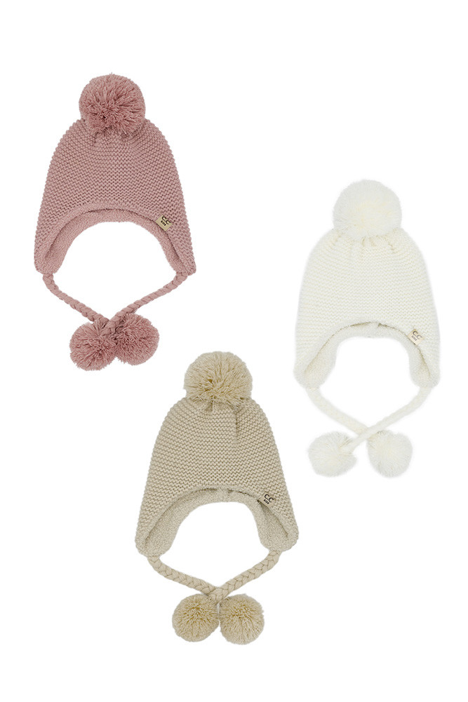 Kids Yarn Pom Knitted Trapper Beanie Hat by BURACQ