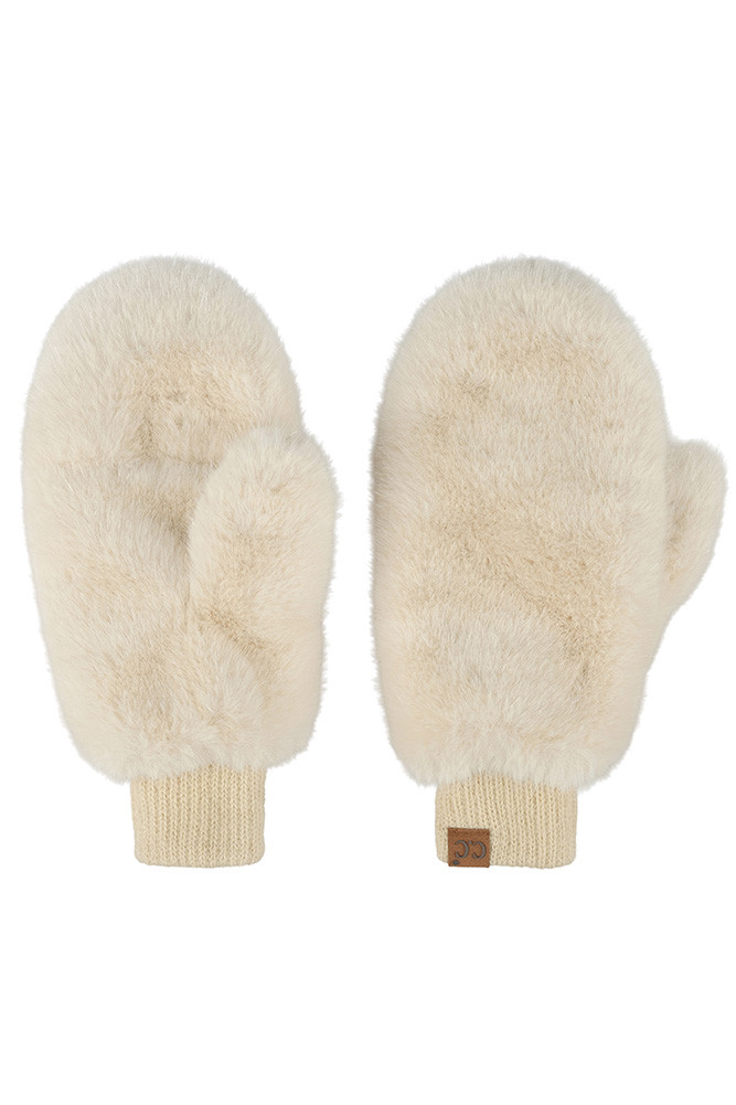 Women's Glitter Short Fur Convertible Mitten Gloves in Beige