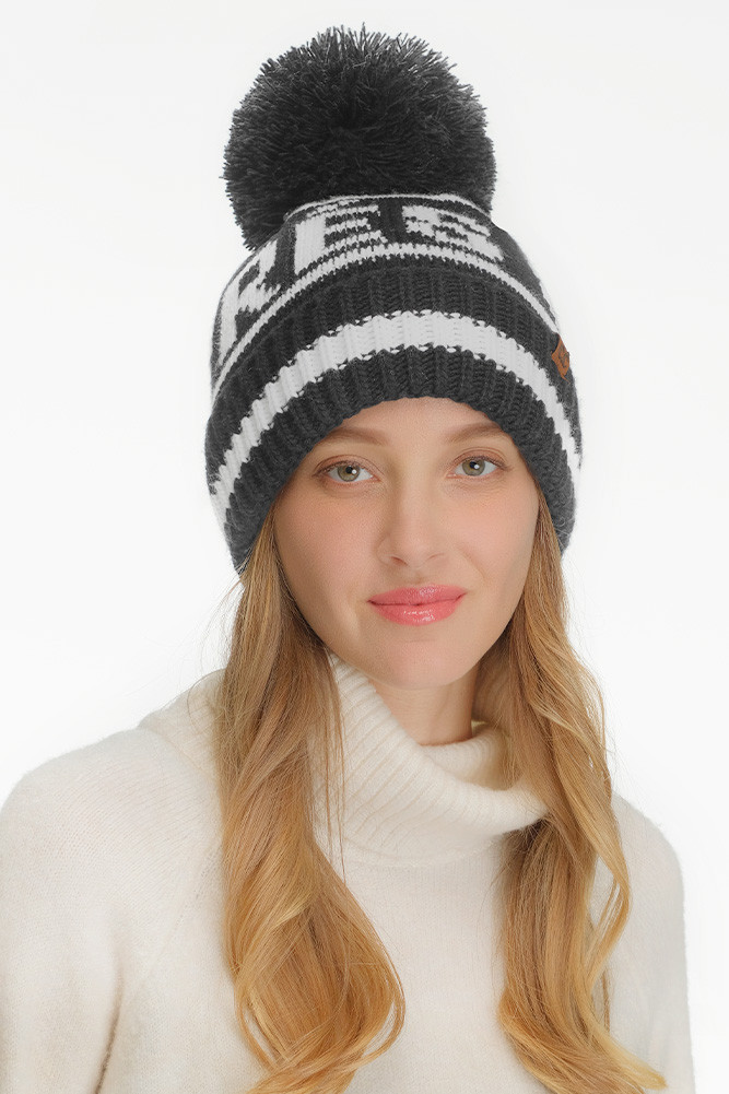 Women's Apres Ski Lettering Yarn Pom Beanie Hat by BURACQ