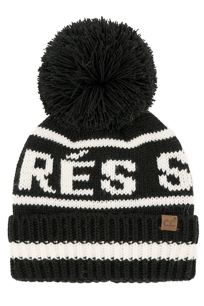 Women's Apres Ski Lettering Yarn Pom Beanie Hat in Black