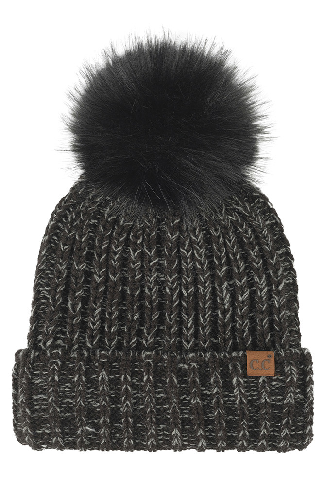Women's Two-Tone Heather Faux Fur Pom Cuff Beanie in Black