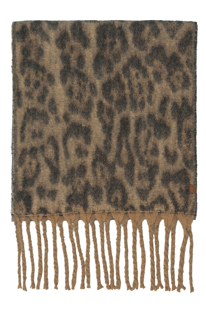 Women's Woven Leopard Pattern Print with Fringe Scarf in Brown