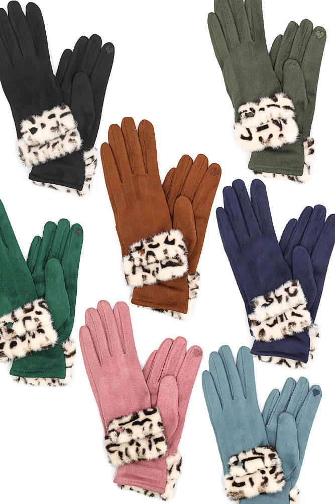 Women's Leopard Faux Fur Cuff Smart Touch Winter Gloves by BURACQ