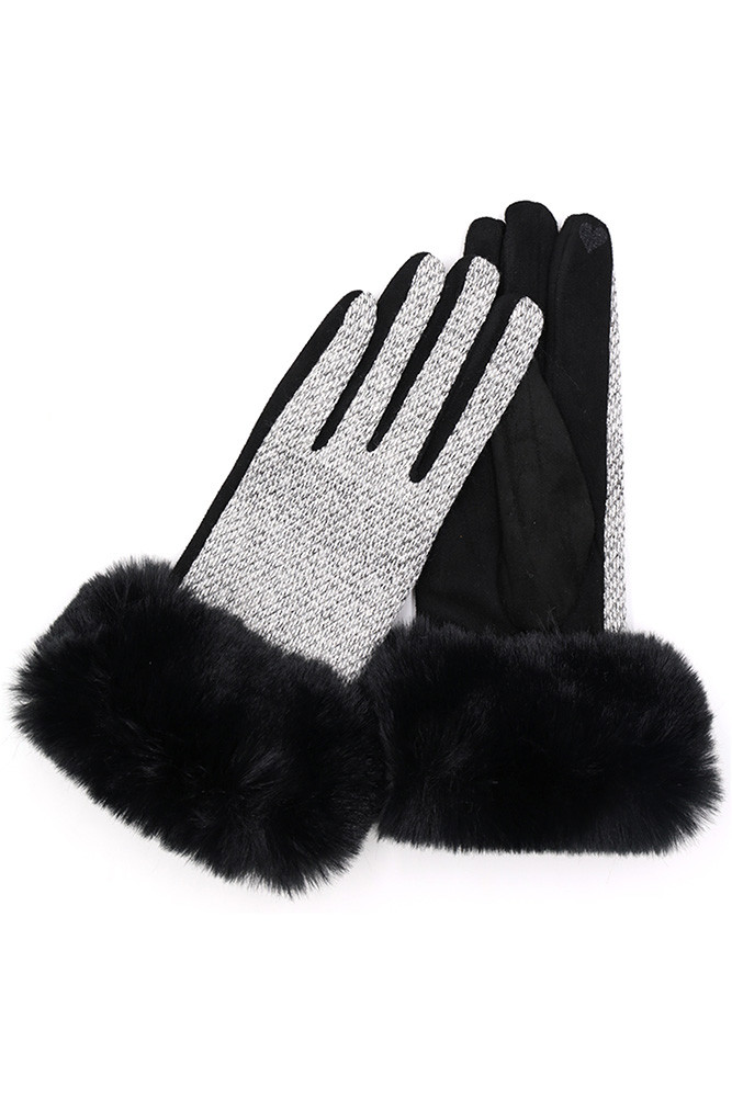 Women's Faux Fur Cuff Mixed Colors Smart Touch Gloves in Black