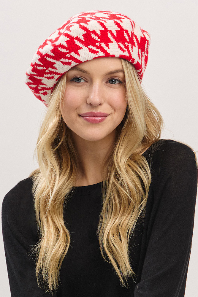 Women's Houndstooth Pattern Two-Tone Knit Beret by BURACQ