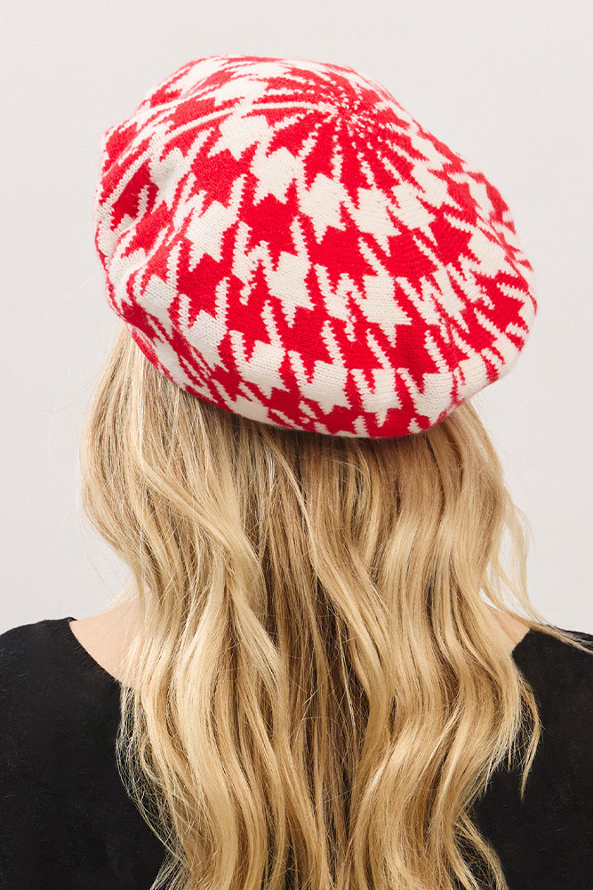 Women's Houndstooth Pattern Two-Tone Knit Beret in Red