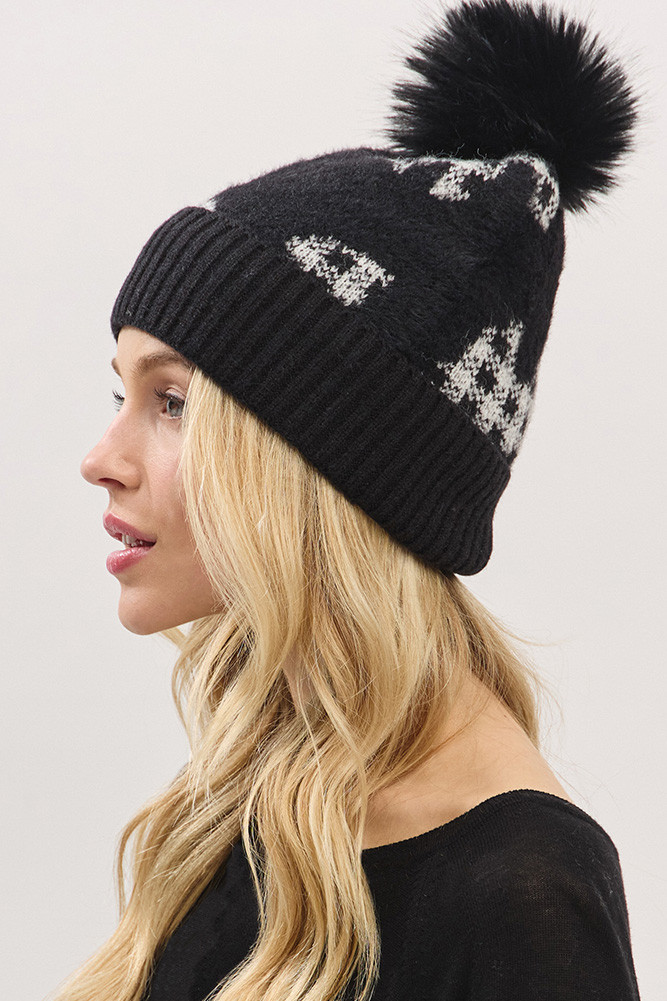 Women's Plaid Pattern Fur Mixed Fleeced Pom Beanie Hat by BURACQ