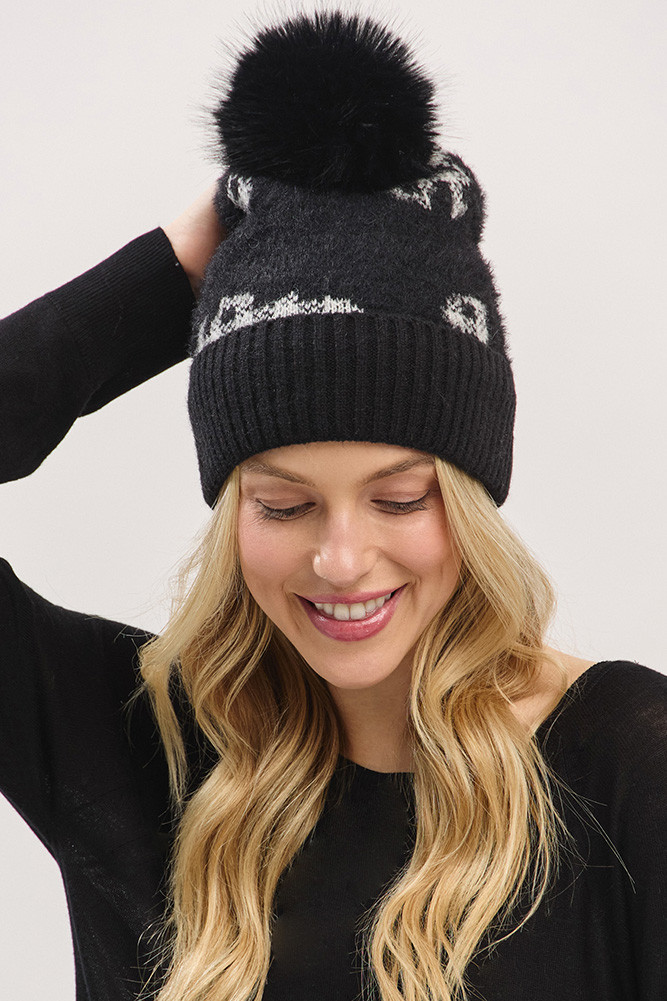 Women's Plaid Pattern Fur Mixed Fleeced Pom Beanie Hat in Black