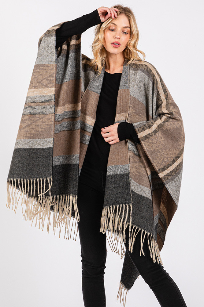 Women's Aztec Pattern with Fringe Ruana Winter Kimono in Black