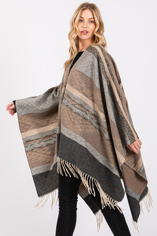 Women's Aztec Pattern with Fringe Ruana Winter Kimono in Black