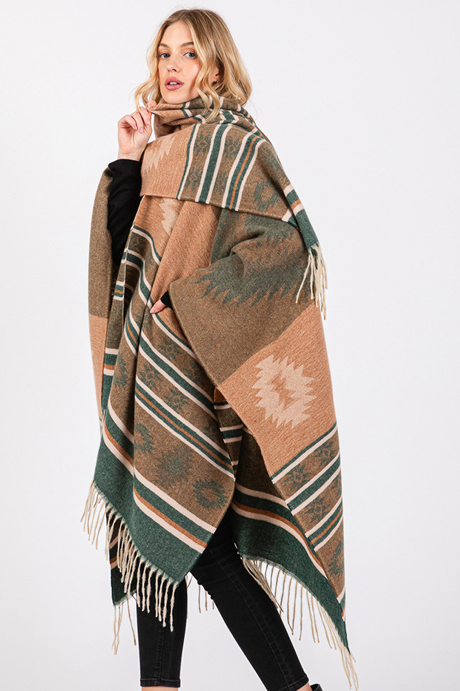Women's Aztec Pattern with Fringe Ruana Winter Kimono in Olive