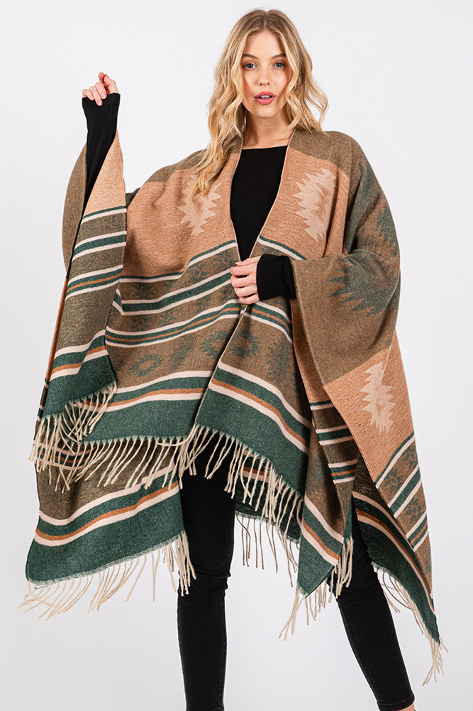 Women's Aztec Pattern with Fringe Ruana Winter Kimono in Olive